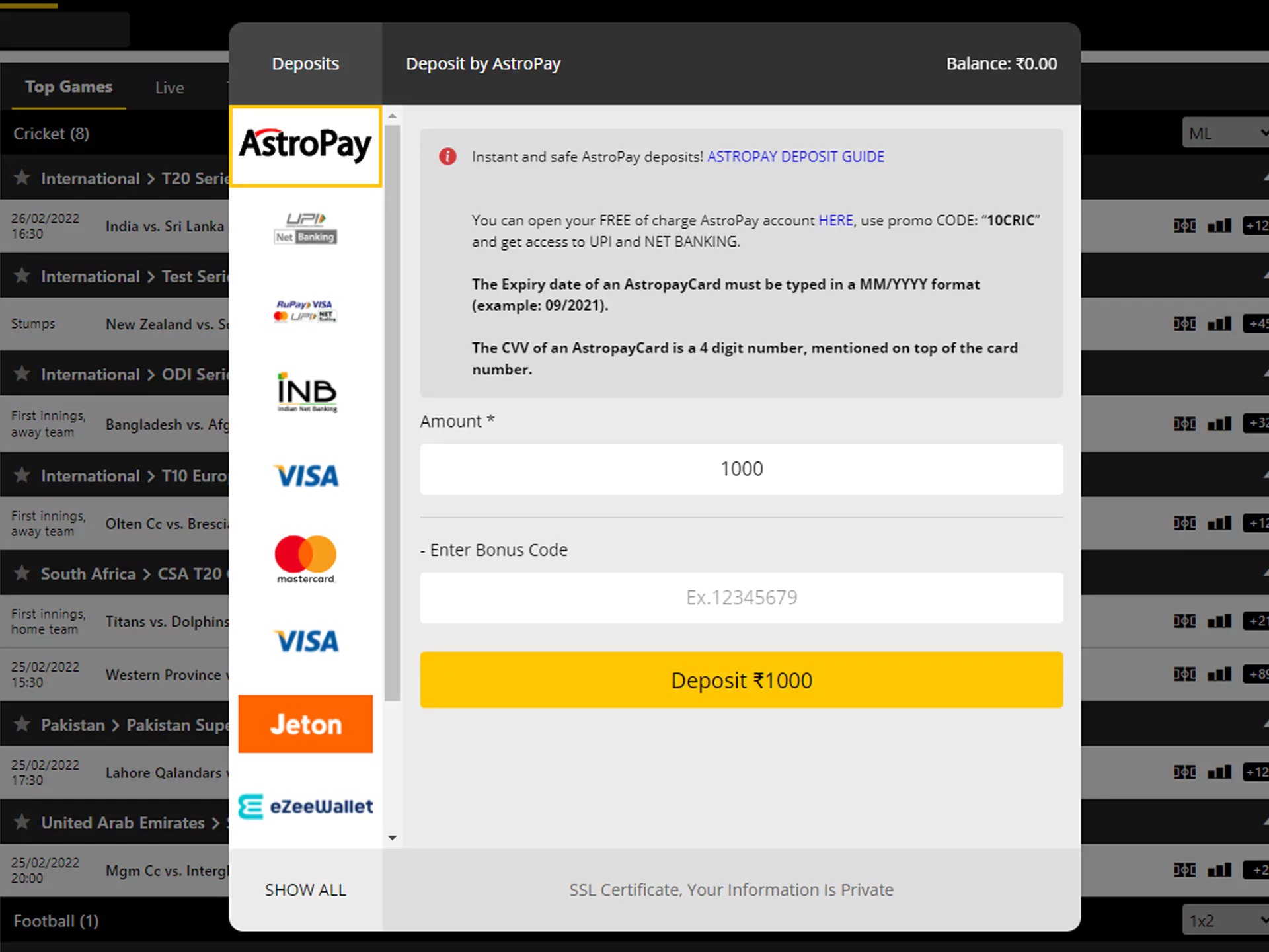 After registration you can start betting.